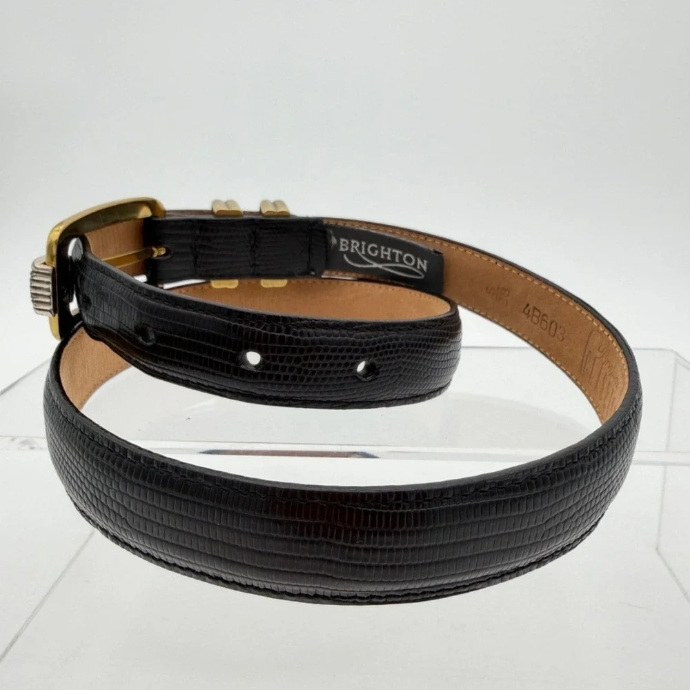 Brighton Black Lizard Embossed Leather Belt S 26-30 Gold Silver USA